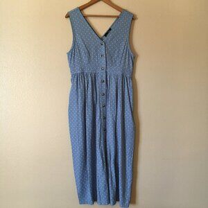 Blue White Polka Dot Jumper Dress L Midi Modest Pockets Button Suzanne Betro